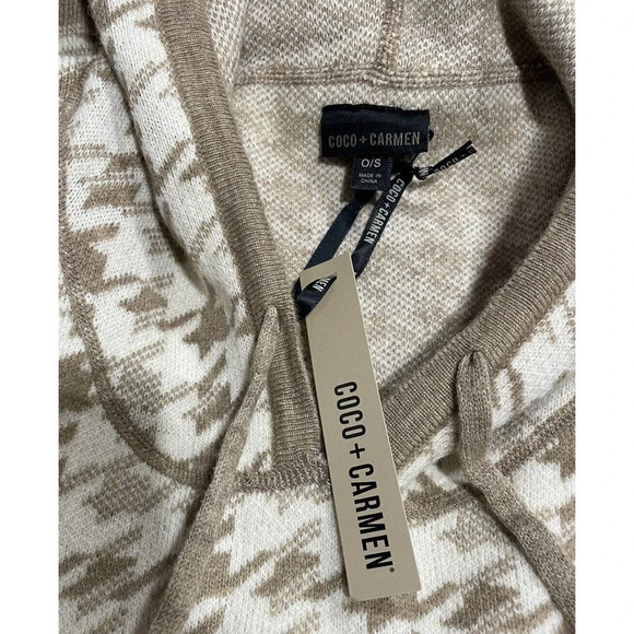 Coco + Carmen Brina Hooded Drawstring Pullover Knit Poncho Carmel Cream One Size - Picture 15 of 16